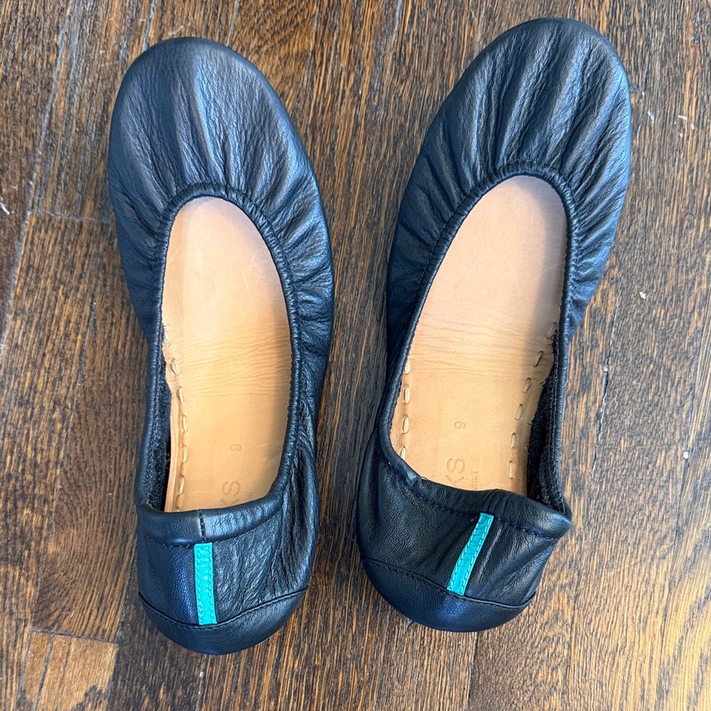 Tieks Black Leather Ballet Flats with Teal Heel Accent